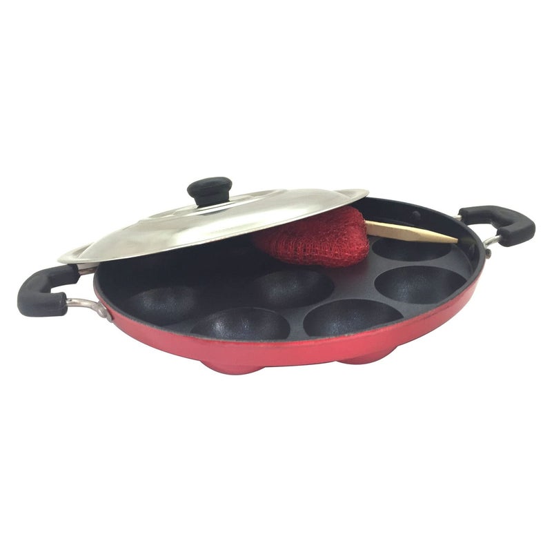 DBY Appam Pan Non Stick Appam Patra 12 Pits Appam Maker Aebleskiver Paniyaram Stuffed Pancakes Poffertjes Pastry Takoyaki Octopus Balls Appachetty with 2 Side Handle And Stainless Steel Lid - Image 2